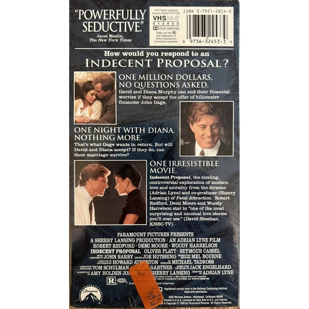 Indecent Proposal (VHS, 1993) Robert Redford Demi Moore Woody Harrelson Like New